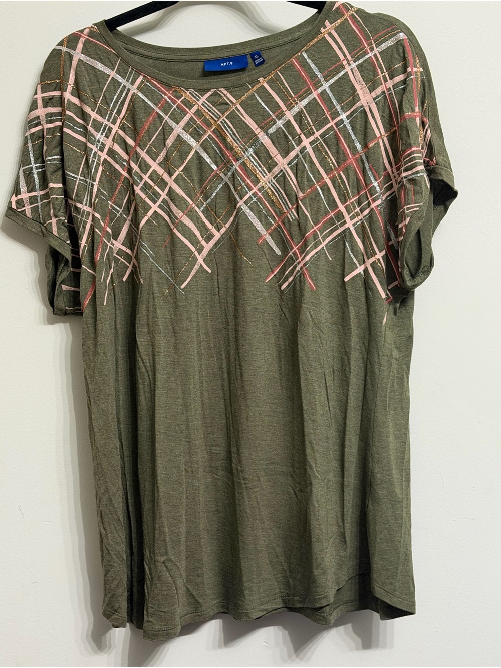 APT. 9 Olive Plaid-Accent Women’s T-Shirt